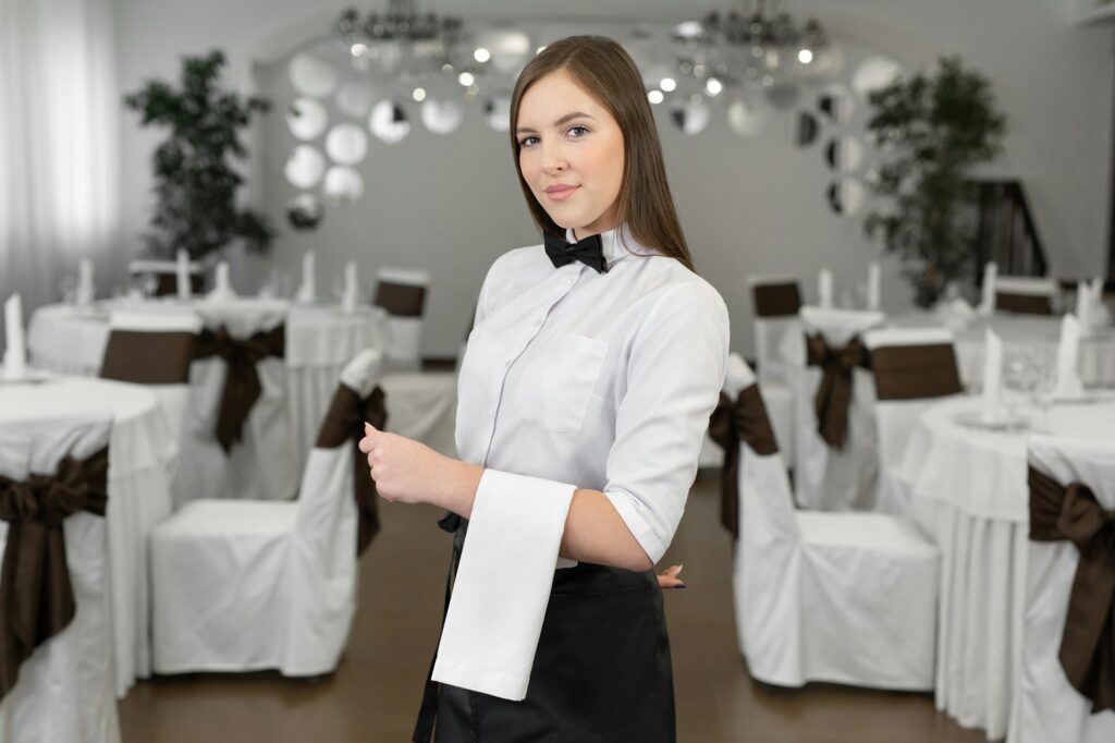 Portrait of a young female waiter in the banquet hall of a restaurant.